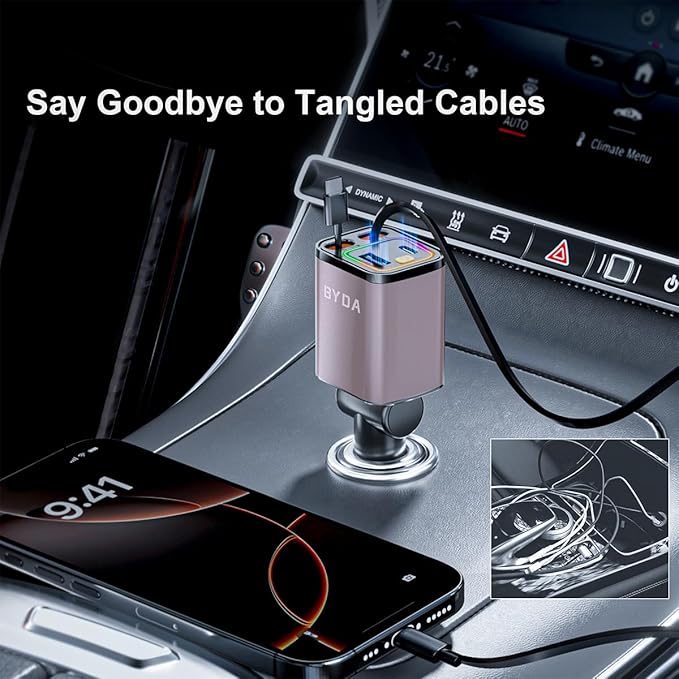 [2025 Mirco-Version] 4 in 1 Retractable Car Charger,69W Car Charger USB C,Cigarette Lighter Adapter,Fast Charging for iPhone 16e/16/15/14,13,Android (Pink, for Lightning+USB-C)