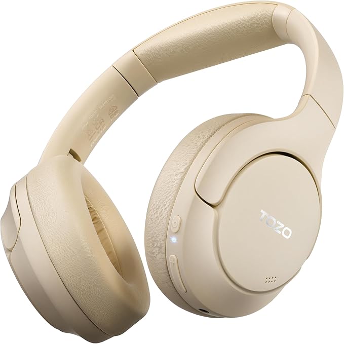 TOZO HT2 Hybrid Active Noise Cancelling Headphones, Wireless Over Ear Bluetooth Headset, 60H Playtime, Hi-Res Audio Custom EQ via App Deep Bass Comfort Fit Ear Cups, for Home Office Travel Khaki