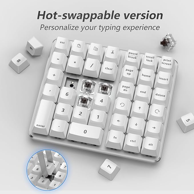 Left-Handed Mechanical Numeric Keypad, Hot-Swap LED Backlit Number Pad, Dual Mode USB C Keyboard, Expanded into a Left-Handed Keyboard (White)