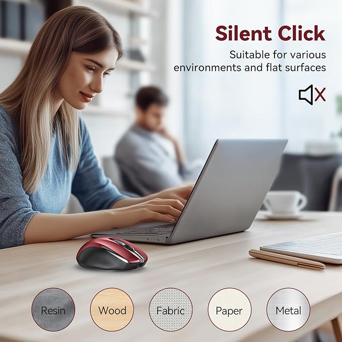 Bluetooth Mouse (BT5.0/3.0 & 2.4G) Rechargeable Wireless Mouse, 4800 DPI Optical Tracking, 6 Adjustable DPI, 2.4GHz with USB A Receiver, Quiet Clicks, Ergonomic Grips, 6 Buttons - Red