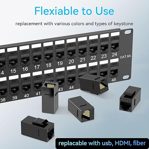 Patch Panel 48 Port Cat6a with Coupler Keystone, Cat6 Network Patch Panel 10G No Punch Down, Time-Saver Ethernet 2U Rj45 Panel with Sturdy Back Bar, 19 Inch Coupler Network Panel