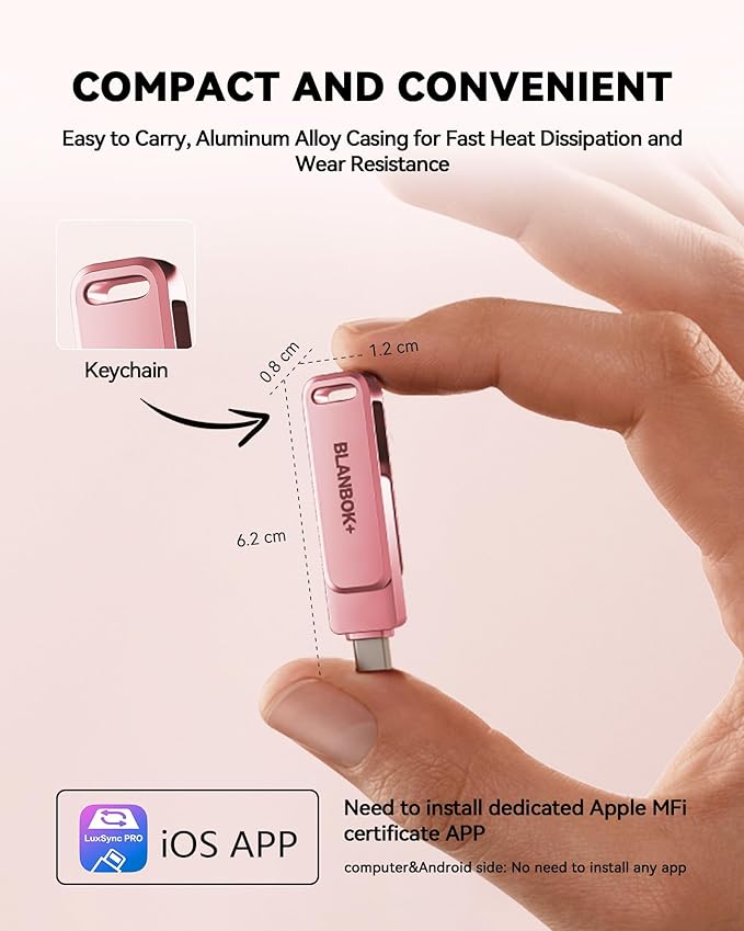 MFi Certified 256GB Flash Drive for iPhone Photo Stick, USB Thumb Drive Memory Stick High Speed USB Drive Photo Storage for iPhone Flash Drive Compatible for iPhone/iPad/Android/PC (Pink)