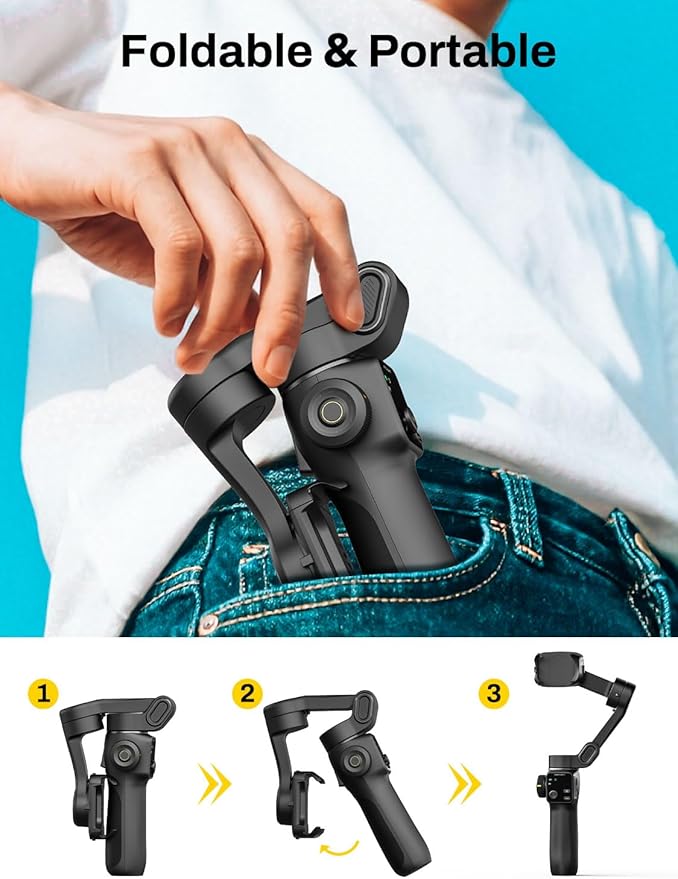 3-Axis Gimbal Stabilizer for iPhone, Smartphone Gimbal w/7.8" Extension Rod, OLED Display, Phone Stabilizer w/Face Tracking, Gesture Control, Video Record for iPhone & Android - Smart V8 Black