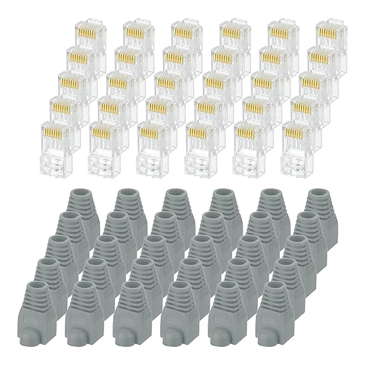 MECCANIXITY 30pcs Cat6 RJ45 Pass Through Connectors, RJ45 Connector 8P8C Gold Plated Plugs with 30pcs Dark Grey Strain Relief Boots for Solid or Stranded UTP Ethernet Cable, 1.1mm