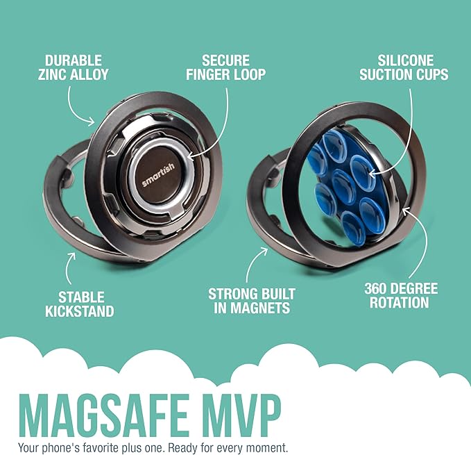 Smartish® MagSafe Suction Mount - WallFlower - 3 in 1 Reversible Magnetic Phone Grip Finger Loop, Suction Mount, Kickstand w/Universal MagSafe Adapter Kit for Apple iPhone - Blues on The Green
