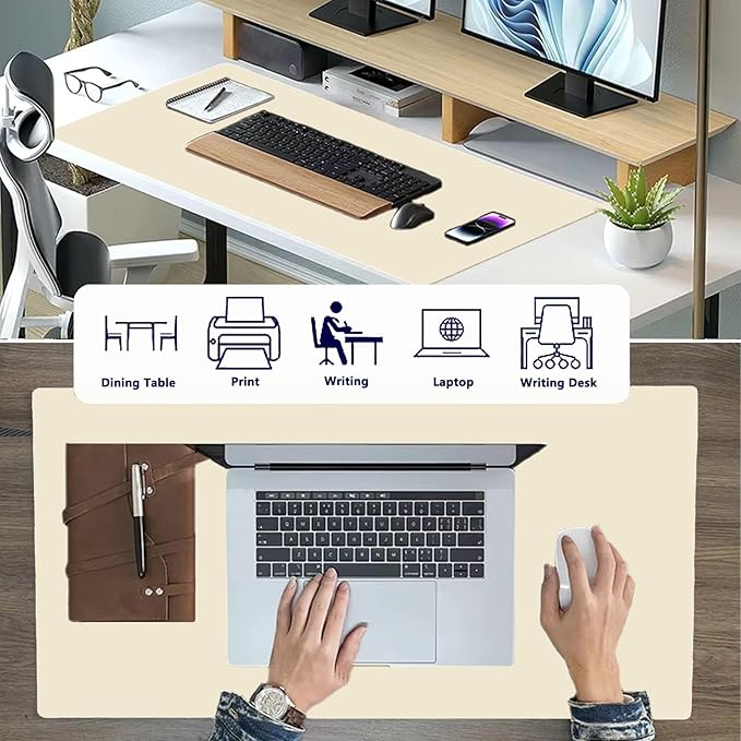 PU Leather Desk Pad Protector Gaming Mouse Pad Non Slip Desk Mat for Keyboard and Mouse Waterproof Desk Writing Pad for Office and Home Desk Accessories(Beige, 31.5 * 15.7)