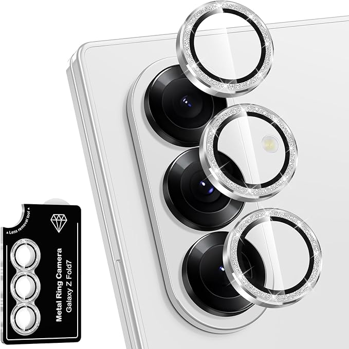 for Samsung Galaxy Z Fold 7 Camera Lens Protector, Individual Metal Ring Tempered Glass Lens Cover, [Strong Adsorption] Scratch Resistant Ultra-Thin HD Clear Lens Cover, 1 Set-Silvery Sparkly