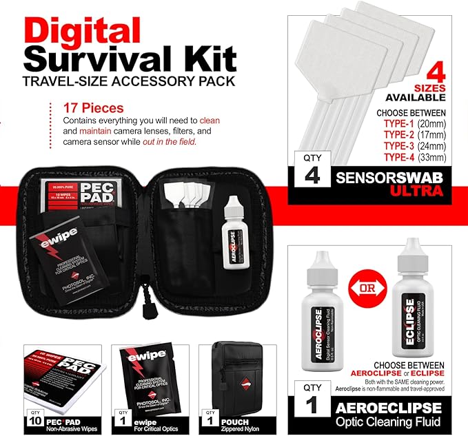 Photographic Solutions Digital Survival Kit - Type-2 (17mm) Sensor Swabs, PEC-PAD Photo Wipes, E-Wipe Packet, Aeroclipse Optic Cleaner Non-Flamable Solution - Camera Cleaning Kit with Travel Bag