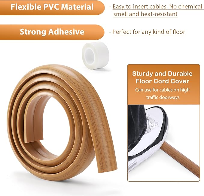 Floor Cord Cover 10ft, Cord Hider Floor Gray Wood, Cable Management Prevent Trips, Cable Cover Wire Covers for Electric Power Cords, Wire Protector Cavity W0.47in x H0.28in Grey