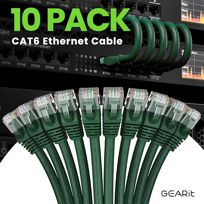 GearIT Cat 6 Ethernet Cable (10-Pack 15 Feet) Cat6 Network Patch, 10Gbps, RJ45, Snagless Cord, Gold-Plated Connectors, Internet for PC, TV, Tablet, Router, Printer, Servers, IT Data Center - Green
