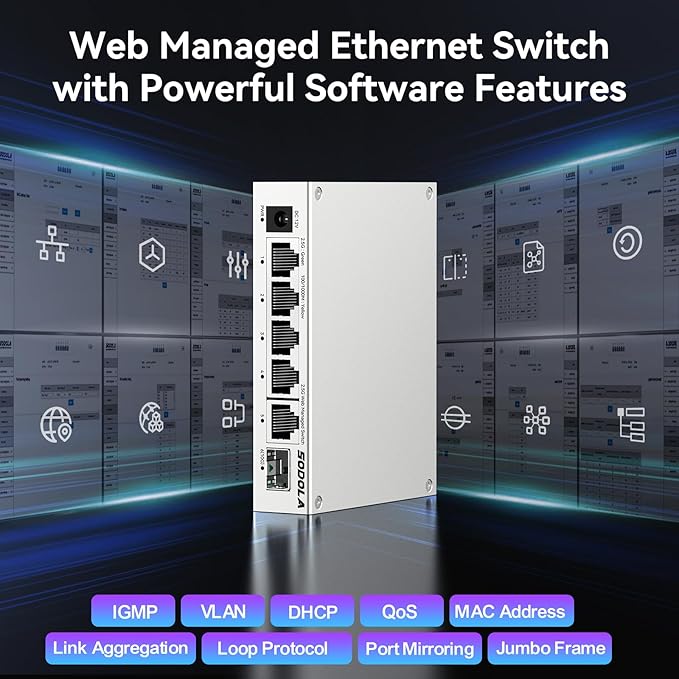 SODOLA 5 Port 2.5Gb Switch Managed, 5X 2.5G Base-T Ports, 1x 10G SFP+,Aluminum Alloy Cooling & Magnetic Mounting - LACP/QoS/VLAN/IGMP Web 2.5G Network Switch for Homelab