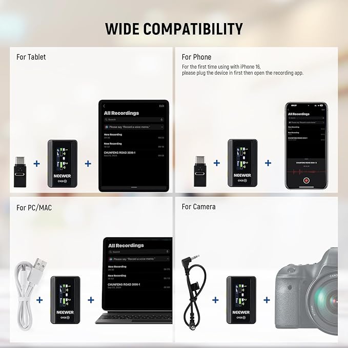 NEEWER CM28 Wireless Lavalier Microphone System, 1 Click Noise Canceling, 4GB Storage for 9Hrs of 48KHz 16 Bit Uncompressed Audio, Lapel Mic Compatible with iPhone/Android/PC/Camera/iPad