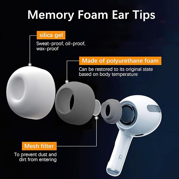 Airpod Pro Ear Tip Memory Foam & Silicone Hybrid Ear Tips, Perfect Noise Reduction, Stays in Your Ears, Ultra-Comfort, Anti-Slip Eartips, Fit in The Charging Case (Grey, Large)