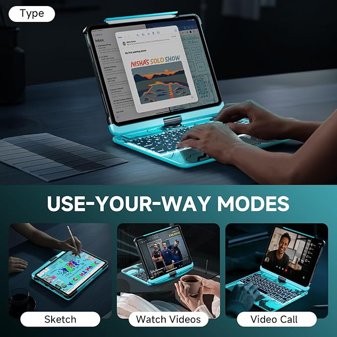 Transparent Case with Keyboard for iPad 11th Gen 11-in.(A16, 2025) & 2022 iPad 10th Gen 10.9-in,7-Color Backlit,Wireless Keyboard, 360°Rotating,with trackpad,Pencil Holder,with Shortcuts,Blue