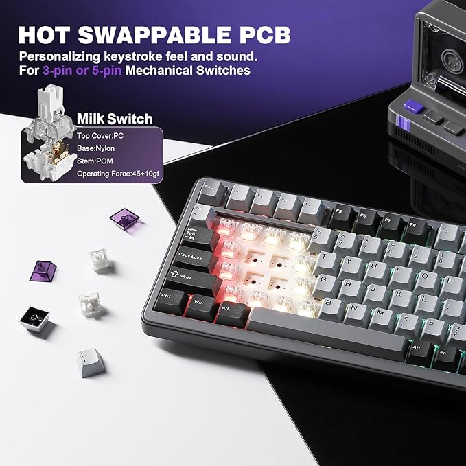 YUNZII B75 PRO Wireless Mechanical Keyboard,75% Layout with Knob,Hot Swap Gasket Structure,Creamy Pre-lubed Switches,RGB Backlit,Bluetooth/Type-C/2.4G for Win/Mac (Dark Grey, Milk Switch)