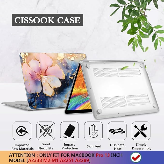 CISSOOK Compatible with MacBook Pro 13 inch Case M2 M1 A2338 A2251 A2289 2025-2020, Plastic Hard Shell Case & Keyboard Cover & Screen Film for MacBook Pro 13-inch with Touch Bar, Marble Flower