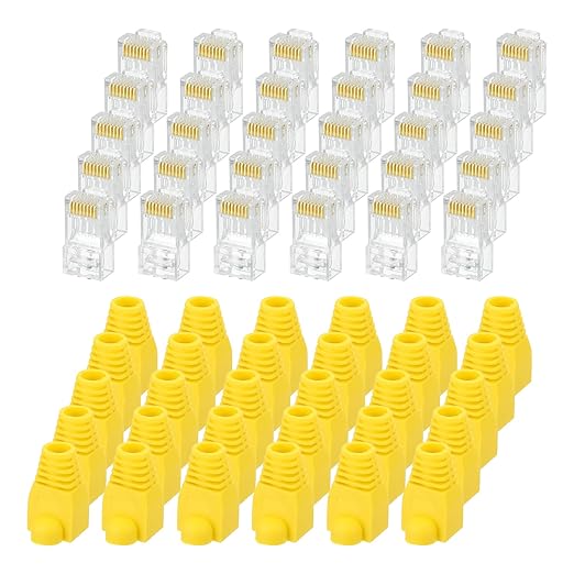 MECCANIXITY 100pcs Cat6 RJ45 Pass Through Connectors, RJ45 Connector 8P8C Gold Plated Plugs with 100pcs Yellow Strain Relief Boots for Solid or Stranded UTP Ethernet Cable, 1.1mm