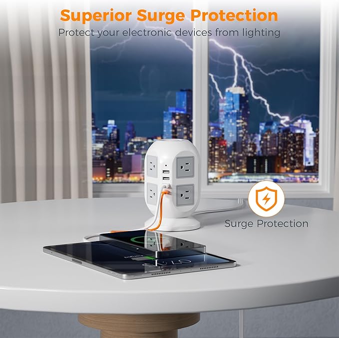 TESSAN Tower Surge Protector Power Strip 10 ft, Long Flat Extension Cord with Multiple Outlets, 8 AC Outlets with 4 USB Ports (1 USB C), Charging Station with Surge Protection, for Home Office Dorm