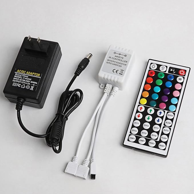 Yiliaw 44 Keys IR Remote Controller Kit - Includes Wireless Rectifier Control Box and DC 12V 3A Power Supply Adapter - Replacement Control for SMD 5050 3528 2835 RGB LED Strip Lights