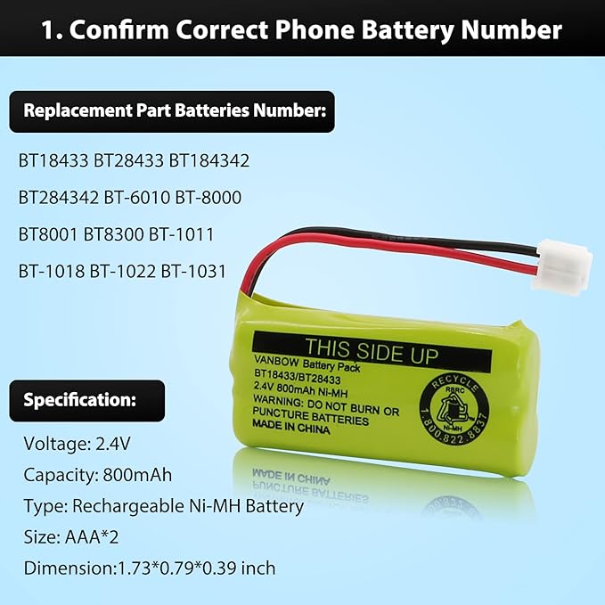 BT18433/BT28433 2.4V 800mAh Ni-MH Cordless Phone Battery, Also Compatible with AT&T BT184342/BT284342 BT8300 BT1011 BT1018 BT1022 BT1031 2SN-AAA55H-S-J1 CS6120 CS6209 CL80109 EL52419 (Pack 3)