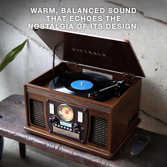 Victrola Navigator 8-in-1 Bluetooth Record Player with Built-in Speakers – 3 Speed Turntable, CD Player, Cassette, FM Radio, USB, RCA Out, Headphone Jack, Wireless Music Streaming, Real Wood (Oak)