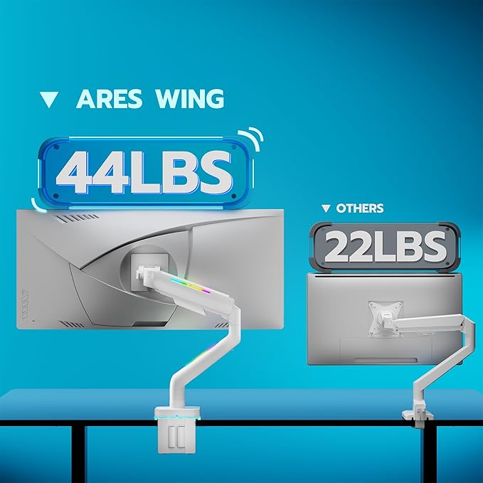 Ultrawide Monitor arm for 17-49'' Heavy Duty Screen up to 44lbs, Gas Spring Single Monitor Arm with RGB Light, Adjustable Gaming Computer Monitor Arm for Desk, White