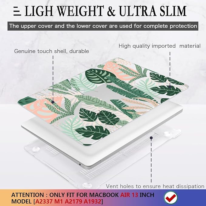 CISSOOK for MacBook Air 13 inch Case 2021 2020 2019 2018 Release A2337 M1 A2179 A1932 with Touch ID, Tropical Hard Shell Case with 2 Keyboard Covers for MacBook Air 13 2021, Tropical Palm Leaves