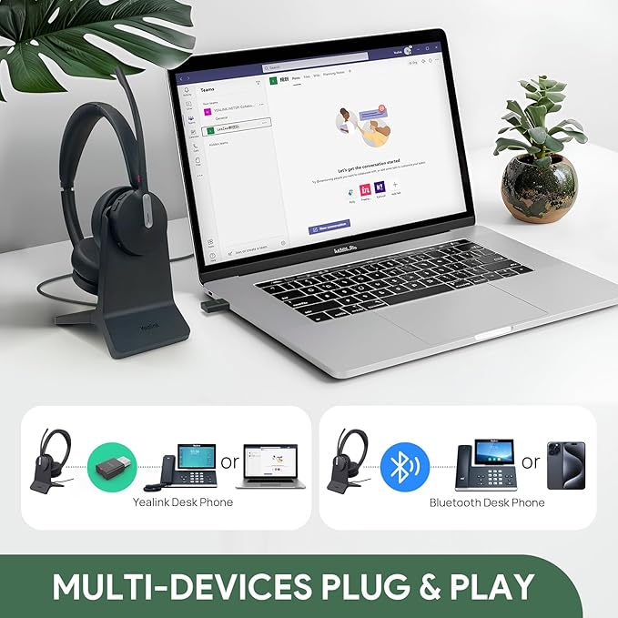 Yealink WH64 Hybrid DECT& Bluetooth Wireless Headset, 492ft Range Mono Teams UC Headphones with DECT Dongle & Charging Stand, 3X Mic, 26H Talk Time,Portable Single Headsets for PC,Cellphone,Laptop