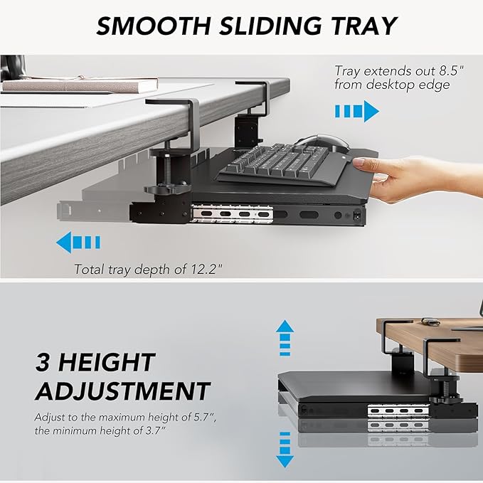 AX WABER Keyboard Tray Under Desk Pull Out with Extra Sturdy Adjustable C Clamp Mount System, 27.3 (32.5 inch Including Clamps) x 11 Inch Slide-Out Platform Computer Drawer for Typing, Black,AX01WB01