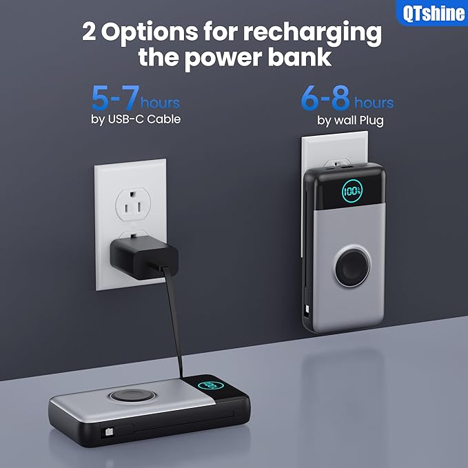 Portable Charger 40800mAh Power Bank with Built-in Cables,Wall Plug and iWatch Charger,6-IN-1 QC4.0+25W PD USB C Fast Phone Charging,LCD Display Battery Pack for iPhone 16/15/14,Apple Watch,Galaxy etc