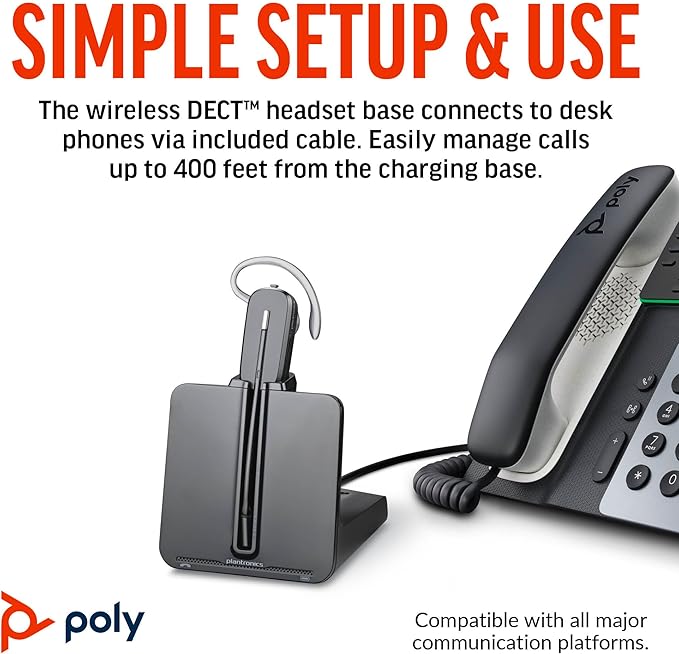 Poly CS540 Wireless DECT Headset with HL10 Lifter (Plantronics) - Single Ear (Mono) Convertible (3 wearing styles) - Connects to Desk Phone - Noise Canceling Microphone - Amazon Exclusive