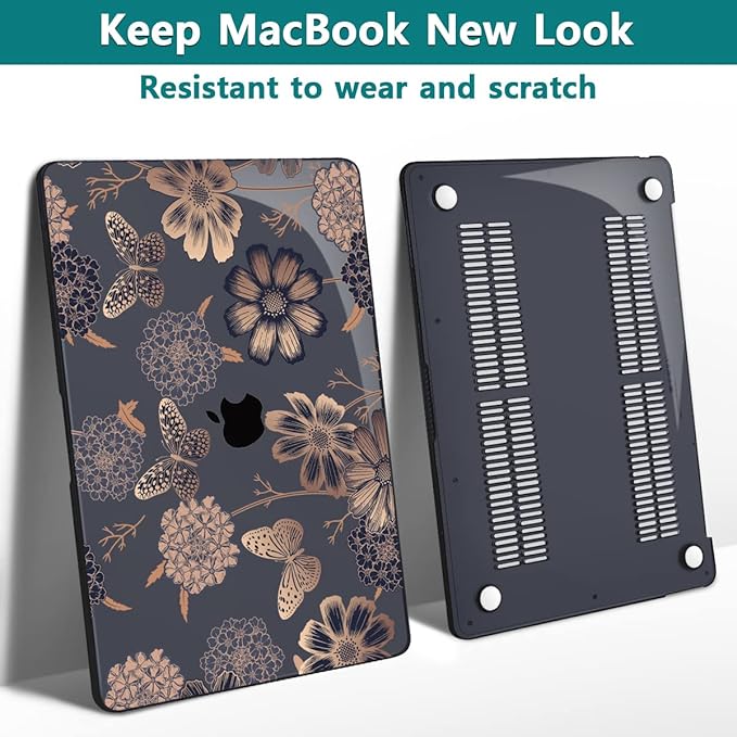 Teryeefi for MacBook Air 13 inch Case 2021 2020 2019 2018 Release (Model A2337 A2179 A1932 Retina Display with Touch ID), Plastic Hard Shell Case & Keyboard Cover for MacBook Air 13 M1, Gold Flowers