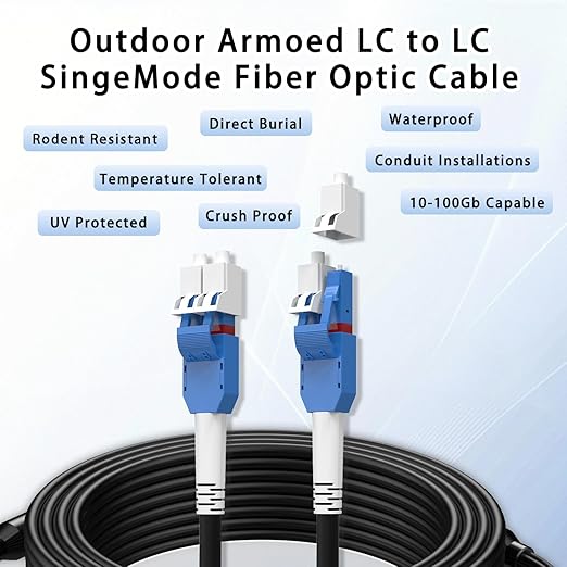 50M/164FT LC to LC Armored Outdoor Fiber Optic Cable, Single Mode Duplex 9/125μm SMF Fiber Patch Cord, OS1/OS2 Compatible, Black LSZH Jacket, Uniboot Jumper for FTTH, Data Center, Long-Distance Use