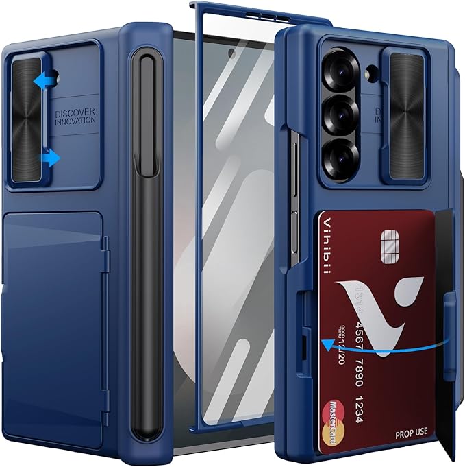Vihibii for Samsung Galaxy Z Fold 6 Case Wallet with S Pen Holder & Card Holder & Slide Lens Cover & Screen Protector & Hinge Protection, Durable Rugged Protective Phone Case for Galaxy Z Fold6, Blue