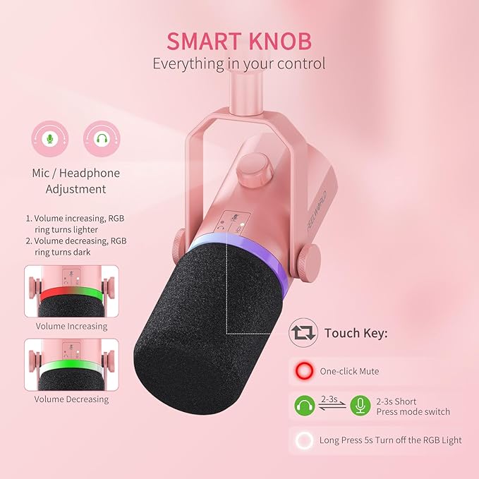 FEELWORLD PM1 XLR USB Dynamic Microphone Gifts for Podcast Recording PC Computer Gaming Live Streaming Vocal Voice-Over, Studio Metal Mic with RGB Light, Mute Button, Headphones Jack (Pink)