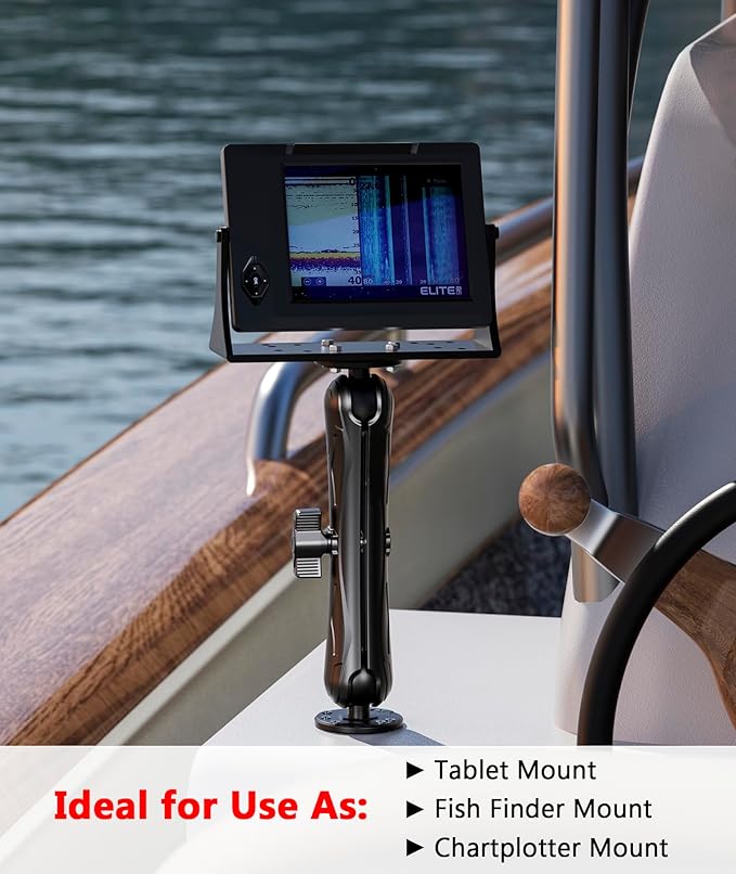 Aluminum Alloy Fish Finder Mount with 1.5" Ball AMPS Hole Round Plates, 9.1" Long Arm Marine Electronic Mount Tablet Holder for Garmin, Lowrance, Humminbird, Raymarine and More