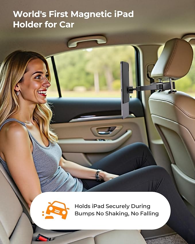 KU XIU Magnetic iPad Holder for Car Headrest,Backseat Tablet Car Mount for iPad Pro 11" M4 (2024) Only,iPad Car Holder Back Seat Travel Accessories Long Road Trip Essentials for Kids