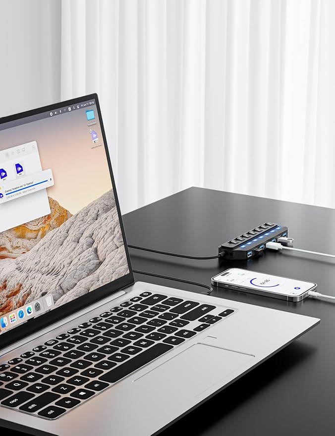 USB Hub 7 Port,USB 3.0 Hub Splitter with Individual On/Off LED Switches, USB Hub for PC 5Gbps HighSpeed Data for Laptop, MacBook, Mac Pro, Mac mini, iMac, Surface Pro and More