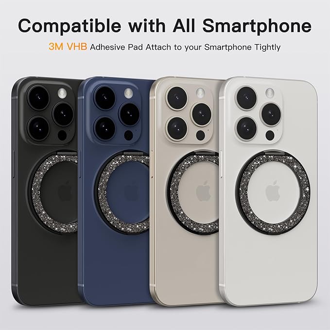 COOLQO 1Pc 360 Spin Cell Grip Ring Phone Stand [Upgrade Gear Hinge Stress Relief] Magnetic Holders for Your car Accessories Desk Mount Compatible with iPhone All Smartphone, Glitter Black
