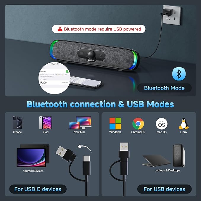 SOULION R200 Bluetooth Computer Speakers, Compact PC Speakers, USB C/USB Plug & Play Desktop Speaker with Colorful LED Lights, Clear Sound PC Soundbar for Computer Desktop Laptop Monitor