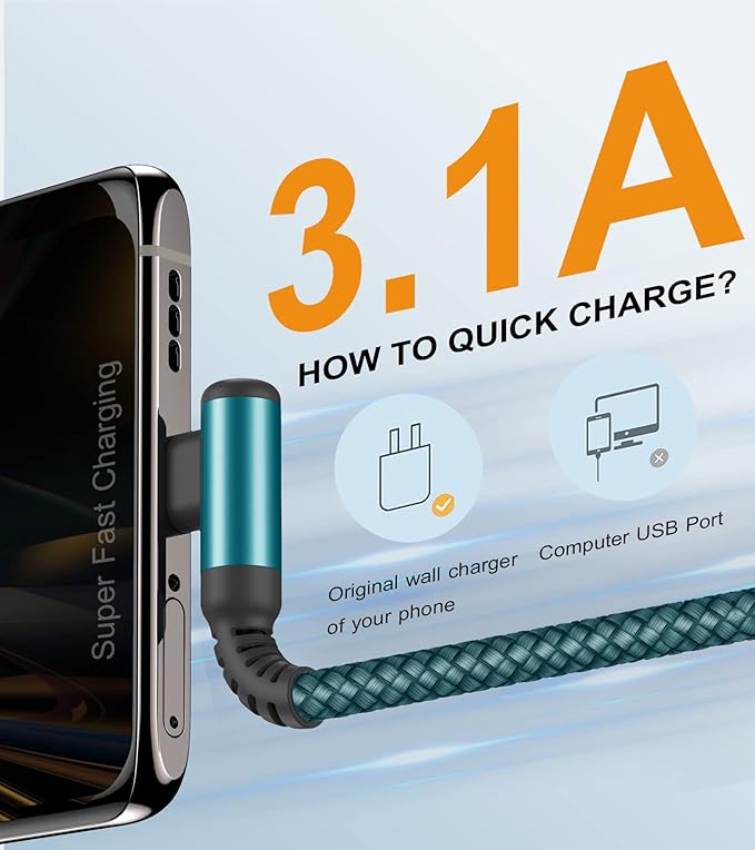 sweguard USB C Cable Right Angle [3Pack, 10FT+6.6FT+3.3FT], USB Type C iPhone 16 Charger Cable Nylon Braided Cord for iPhone 15 16 Pro Max Plus, Samsung Galaxy S25 S24 S23 S22 S21 S10 Note 20 10,Moto,