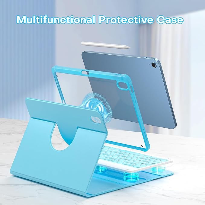 YBING Keyboard Case for iPad 10th Gen 10.9 inch(2022) & 11th Gen(A16, 2025), 360 Rotation Magnetic Cover with 7-Color Backlit Wireless Detachable Keypad with Pencil Holder for iPad 11th/10 Gen (Blue)