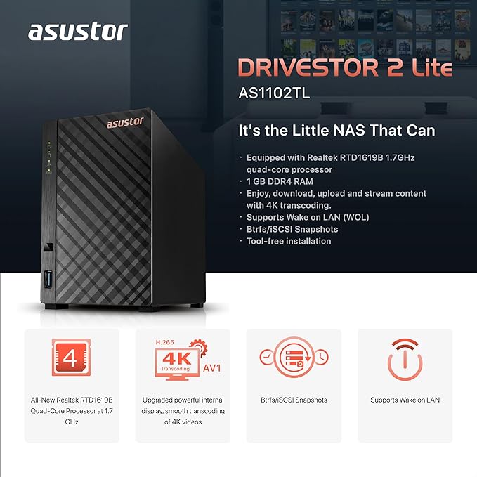 Asustor Drivestor 2 Lite AS1102TL, 2 Bay NAS, 1.7GHz Quad Core, 1GbE Port, 1GB RAM DDR4, Personal Private Cloud, Backup for Home & Small Office, Network Attached Storage(Diskless)