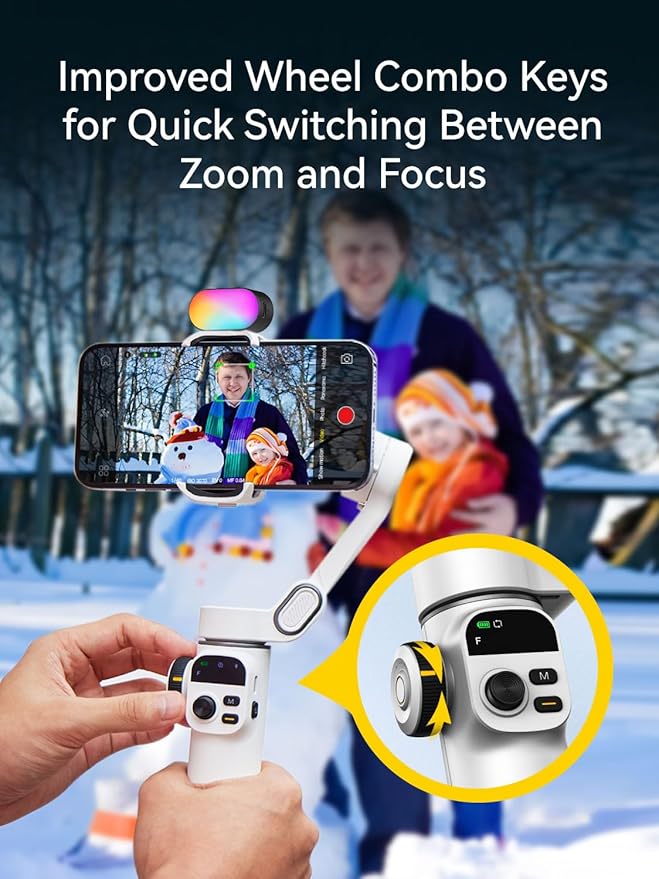 Gimbal Stabilizer for iPhone w/RGB Magnetic Fill Light, Foldable Gimbal w/7.8' Extension Rod & OLED Display for Vlogging & Filmmaking, Compatible with iPhone 16/15 Pro Max-Smart X2 Kit White