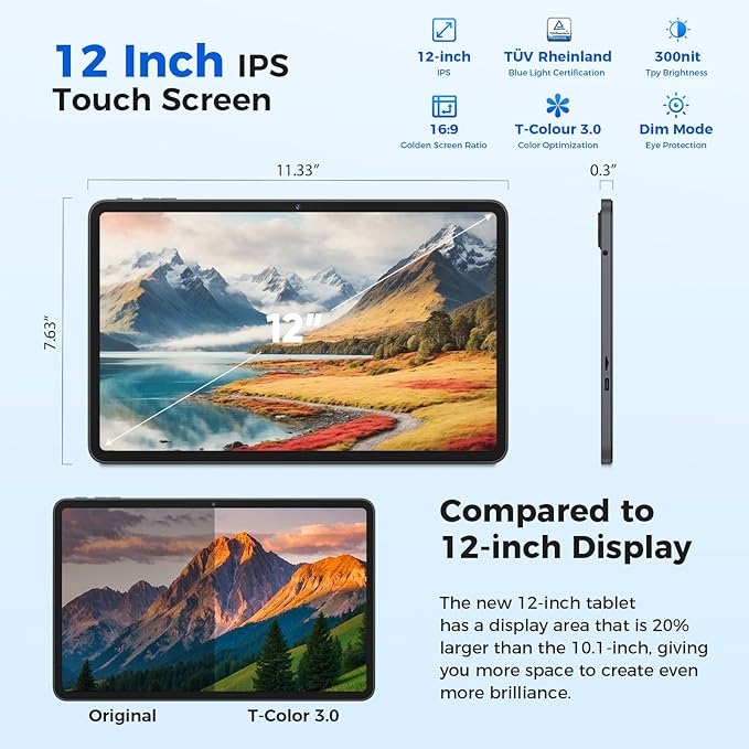 Tablet 12 inch Android 15 Tablets, 24GB（8+16）RAM+256 Storage(Expand to 1TB), Android Tablet with Keyboard, Octa-Core, 2K 2000x1200 Display, 16MP Dual Camera, 8000mAh, 5G WiFi,GPS,Bluetooth 5.0（Pink）