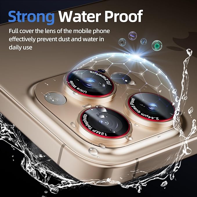 Camera Lens Protector for iPhone 16 Pro Max/iPhone 16 Pro/iPhone 15 Pro Max/iPhone 15 Pro/iPhone 14 Pro Max/14 Pro , [Military Grade Shatterproof][Full Coverage Metal] [Strong Adsorption] 9H Metal Tempered Glass Camera Screen Cover, [Case-Friendly], Gold