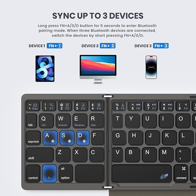 Foldable Bluetooth Keyboard, Portable Full Size Folding Keyboard with Large Touchpad, Numeric Keypad, PU Leather, Wireless TravelKeyboard for Windows iOS Android Mac(Grey)
