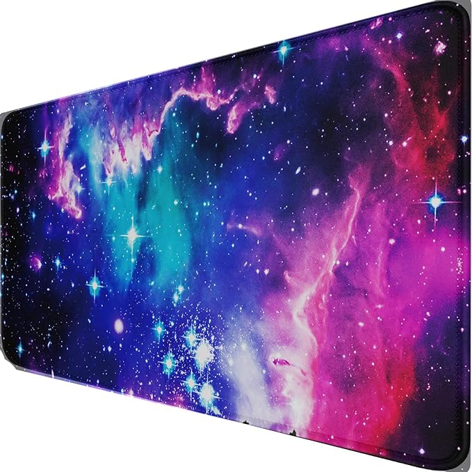 Large Extended Gaming Mouse Pad with Stitched Edges, (31.5X15.7In) Durable Non-Slip Natural Rubber Base, Waterproof Computer Keyboard Pad Mat for Esports Pros/Gamer/Desktop/Office/Home, Galactic Blue