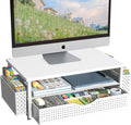 Desk Organizer and Accessories, Computer Monitor Stand Riser with Drawer and 2 Pen Holders, Office Desk Accessories & Workspace Organizers for Office Supplies (White)