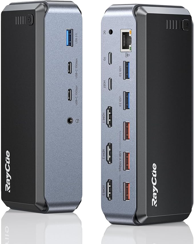 USB C Docking Station Triple Monitor, Raycue 15 IN1 MacBook Pro Docking Station with Power Adapter for MacBook M1/M2/M3/Windows, Laptop Docking Station with HDMI*3, RJ45, 10Gbps USB*5, PD, USB 3.0*2